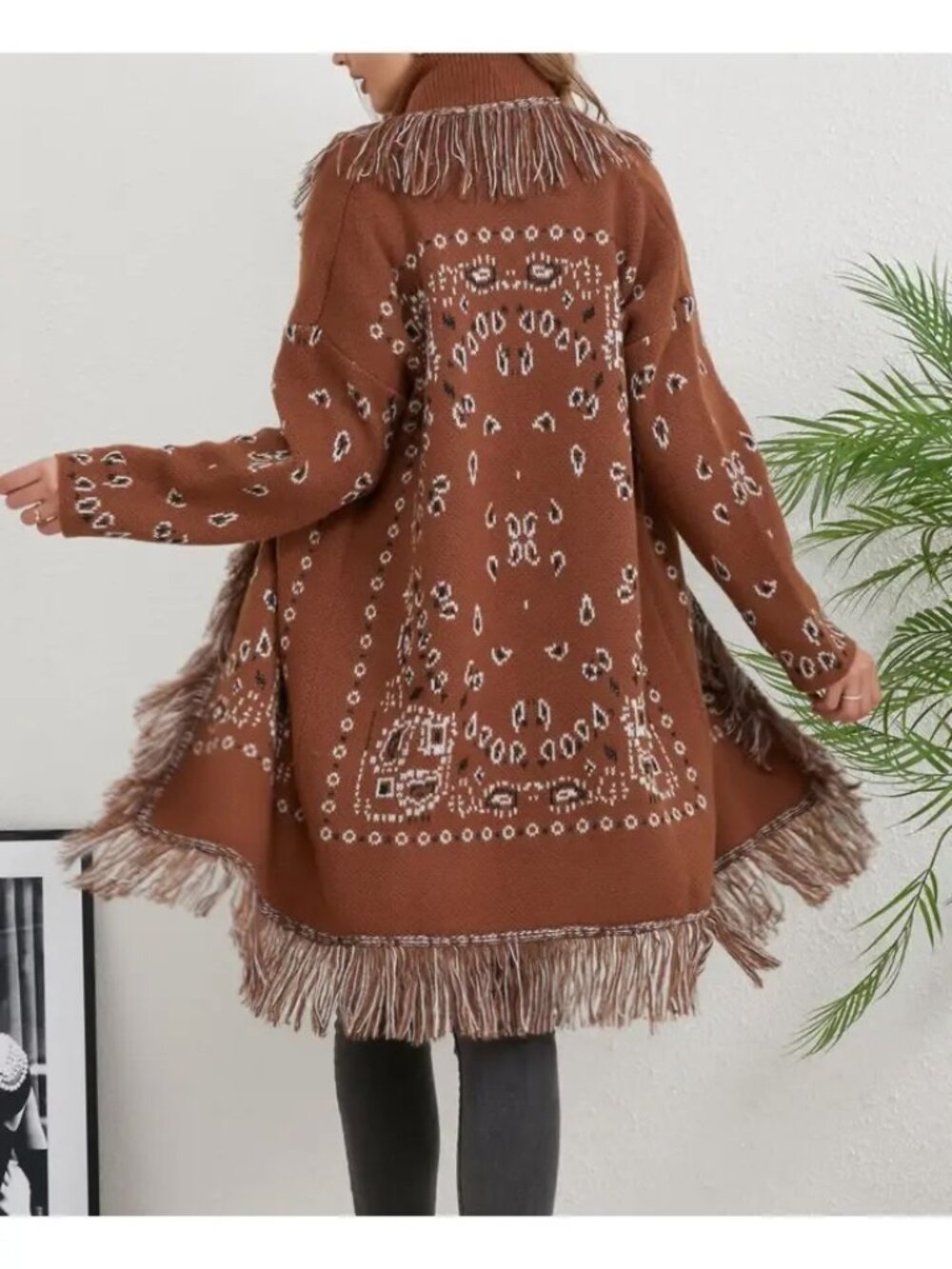 Western Fringed Ethnic Jacquard Cardigan - Picture 5 of 5